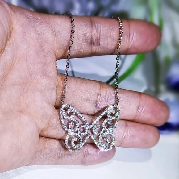 New 925 Silver Beautiful Butterfly Diamond Necklace - Picture 6 of 6